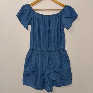 Charlotte Russe (L) women blue off the shoulder denim one piece romper maternity